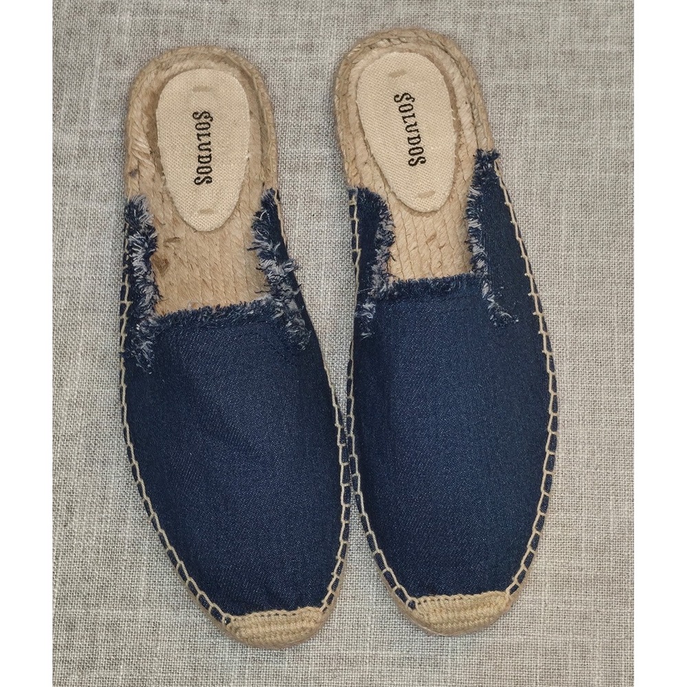 Soludos Denim Frayed Espadrille Mules Dark Wash Blue Slip On Flats Womens 9